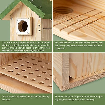 Wooden Bird House for Outside, Bird Box with Viewing Window and Predator Guard, Bluebird Houses for Outside Clearance, Nesting House on a Pole for