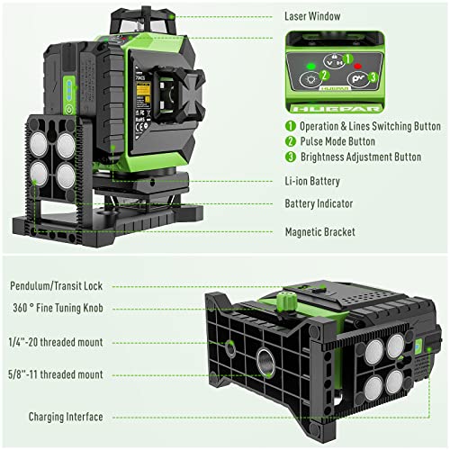 Huepar 4x360 Laser Level Self-leveling 4D Green Beam Cross Line 16 Lines Tiling Floor Laser Tool -2x360 Horizontal/Vertical Laser Lines -rechargeable Huepar
