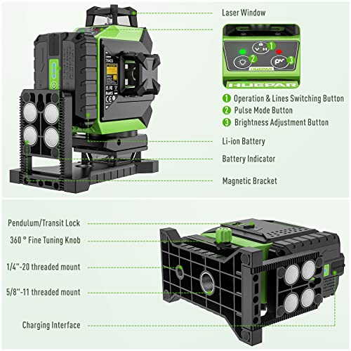 Huepar 4x360 Laser Level Self-leveling 4D Green Beam Cross Line 16 Lines Tiling Floor Laser Tool -2x360 Horizontal/Vertical Laser Lines -rechargeable - WoodArtSupply