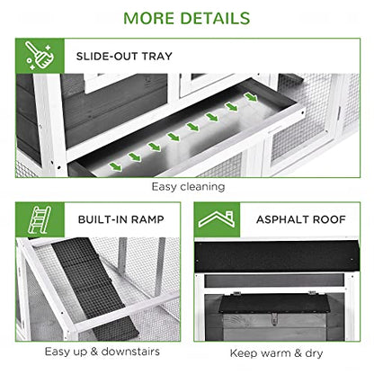 PawHut 69" Chicken Coop Wooden Chicken House, Rabbit Hutch Pen, Outdoor Backyard Poultry Hen Cage with Run with Nesting Box, Removable Tray, Asphalt