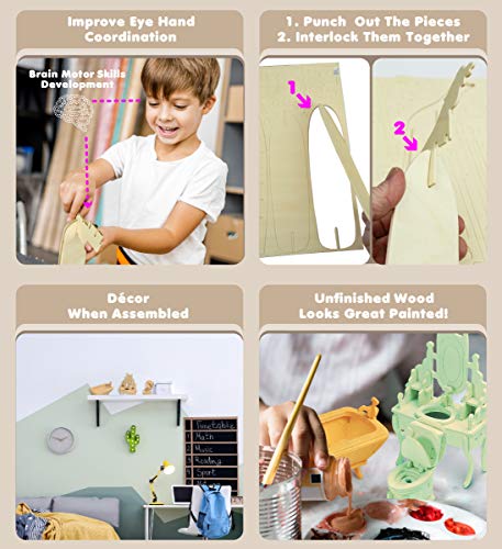 Puzzled 3D Puzzle Bathroom Dollhouse Furniture Set Wood Craft Construction Model Kit, Fun & Educational DIY Wooden Toy Assemble Model Unfinished Puzzled