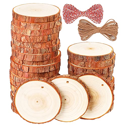 Natural Wood Slices, 30 Pcs 3.1"-3.5" Unfinished Wood Craft Kit, Predrilled Wooden Circles with Hole Crafts Christmas Ornaments DIY Crafts