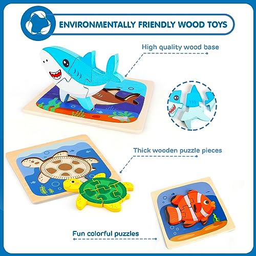 TOY Life Wooden Toddler Puzzle Gift Toys for 1 2 3 Years Old Boys Girls, 6 Pack Baby Puzzle for Kids Age 1-3, Sea Animal Shaped Montessori Toys STEM TOY Life