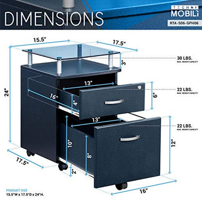 Techni Mobili Rolling File Cabinet with Glass Top, Graphite - WoodArtSupply