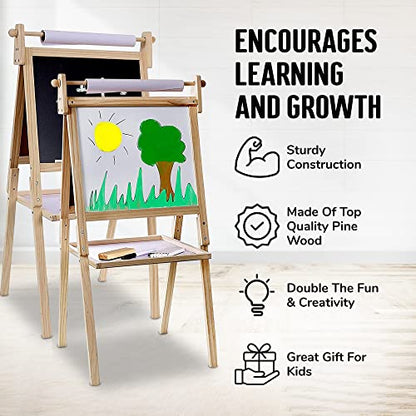 Kraftic Deluxe Standing Art Easel for Kids - Toddler Drawing Chalkboard, Magnetic Whiteboard, Dry Erase Board, Paper Roll and Accessories - WoodArtSupply