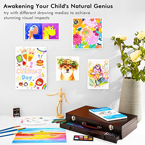 Shuttle Art 186 Piece Deluxe Art Set, Art Supplies in Wooden Case, Painting Drawing Art Kit with Acrylic Paint Pencils Oil Pastels Watercolor Cakes Shuttle Art