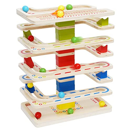 Wooden Marbles Run Ball Drop Toys 8-Tier Rolling Tower Toys with 16 Balls Ramp Whirling Game Educational Learning Toys for Gifts 3 4 5 6 7 8 Years Ark miido