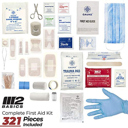 M2 BASICS Complete 321 Piece Emergency First Aid Kit | Business & Home Medical Supplies | Wall Mountable Hard Case | Office, Car, Travel, School, - WoodArtSupply