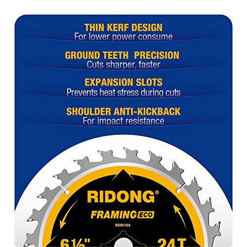 RIDONG 6-1/2 Inch Circular Saw Blade, 24-Tooth with 5/8" Arbor ATB Framing Saw Blade for Cutting Wood (6.5" 1-Pack) RIDONG