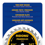RIDONG 6-1/2 Inch Circular Saw Blade, 24-Tooth with 5/8" Arbor ATB Framing Saw Blade for Cutting Wood (6.5" 1-Pack) RIDONG
