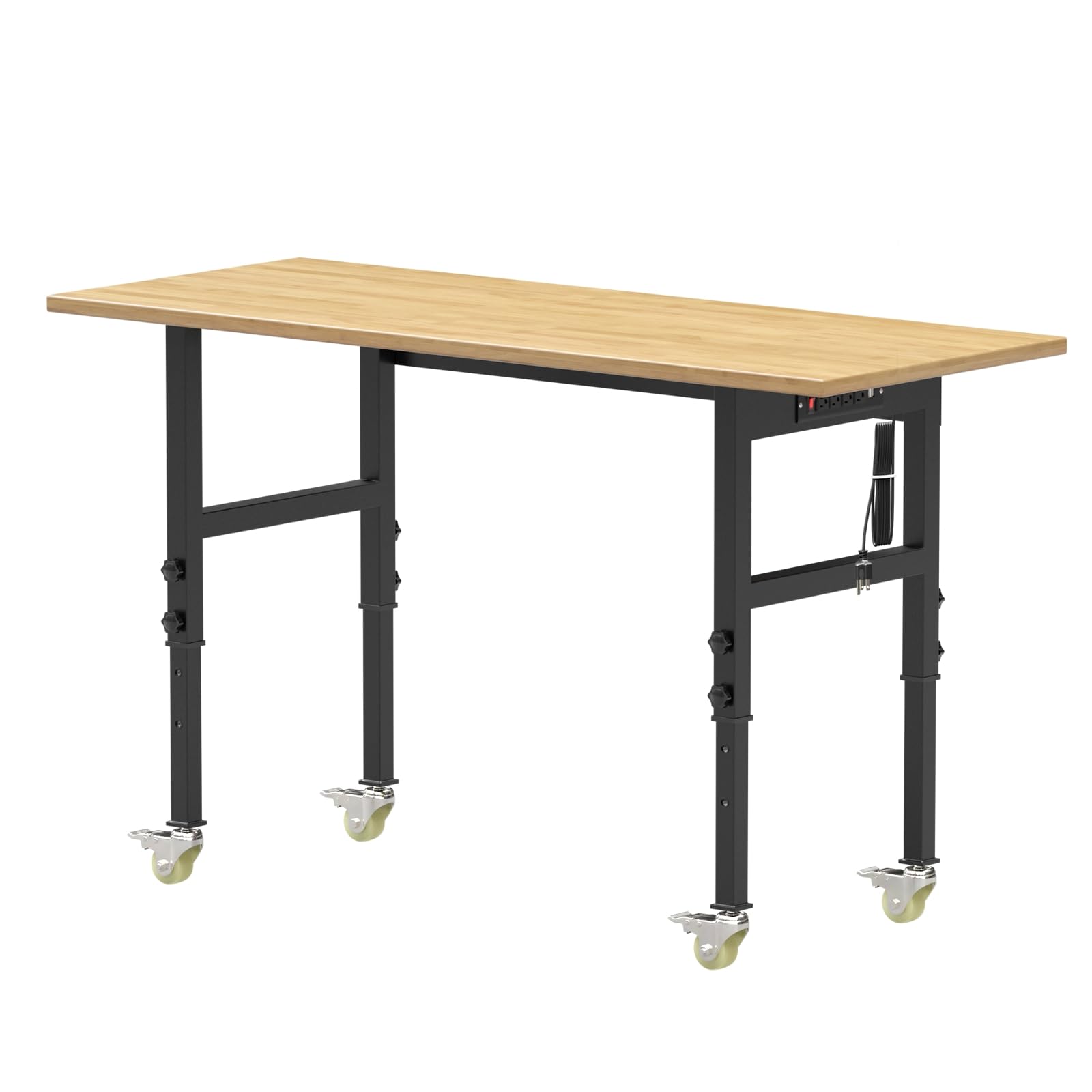 60" Adjustable Workbench with Power Outlets, Rubber Wood Top Heavy-Duty Work Table, 2000 LBS Load Capacity Hardwood Workbench with 4 Lockable Wheels - WoodArtSupply