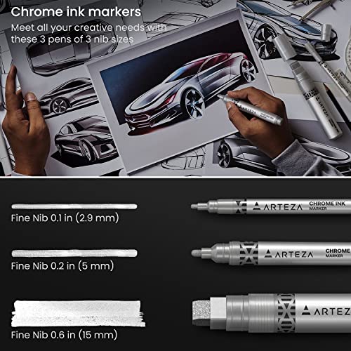 ARTEZA Mirror Chrome Marker Set – 3 Pack, 2.9mm, 5mm & 15mm Nibs, Hi-Gloss Silver Metallic Pens for Eye-Catching Art on Various Surfaces – ARTEZA