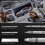 ARTEZA Mirror Chrome Marker Set – 3 Pack, 2.9mm, 5mm & 15mm Nibs, Hi-Gloss Silver Metallic Pens for Eye-Catching Art on Various Surfaces – ARTEZA