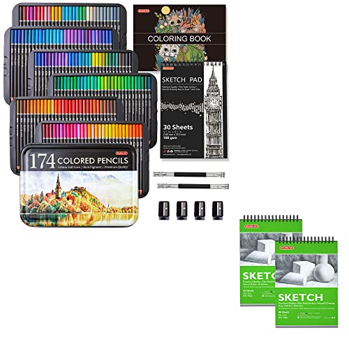 Shuttle Art Colored Pencils and Sketch Pad Bundle, Set of 174 Colors Professional Colored Pencils + 160 Sheets Artist Sketch Books - WoodArtSupply