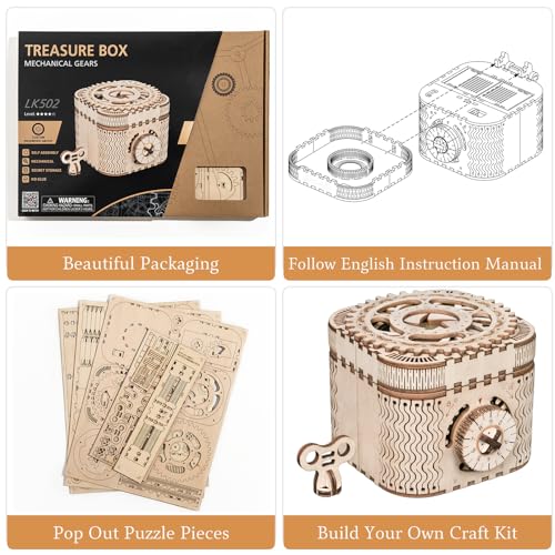 Rowood 3D Puzzles for Adults, Wooden Mechanical Gear Model Kits for Teens Kids Age 14+ - Treasure Box Rowood
