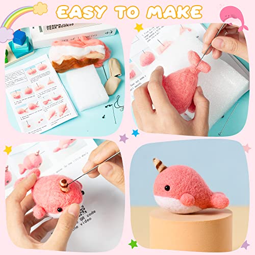 WATINC Set of 4 Cute Animal Needle Felting Starter Kit Frog Chick Bee Narwhal Animal Doll Wool Felting Tools Felt Needles Foam Mat DIY Needlework WATINC