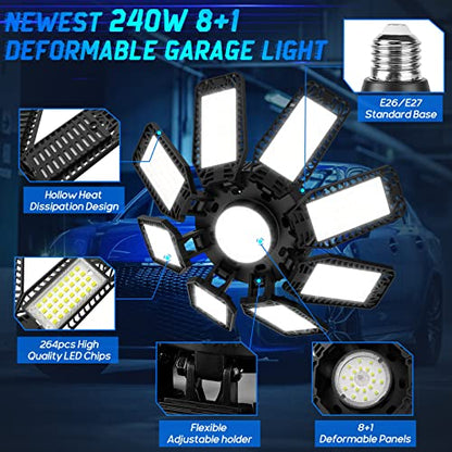 LED Garage Lights 2 Pack, 240W 24000LM Garage LED Light with 8+1 Panels, Garage LED Ceiling Lights 6500K Daylight, E26/E27 Screw In Garage Lighting,