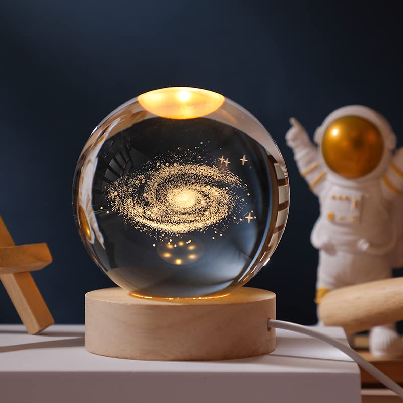 Coyoohouse Glowing Crystal Ball 3D Inner Carved Small Crystal Ball Light with Wood Base, Decorative Creative Gift Luminous Crystal Ball for Christmas Coyoohouse