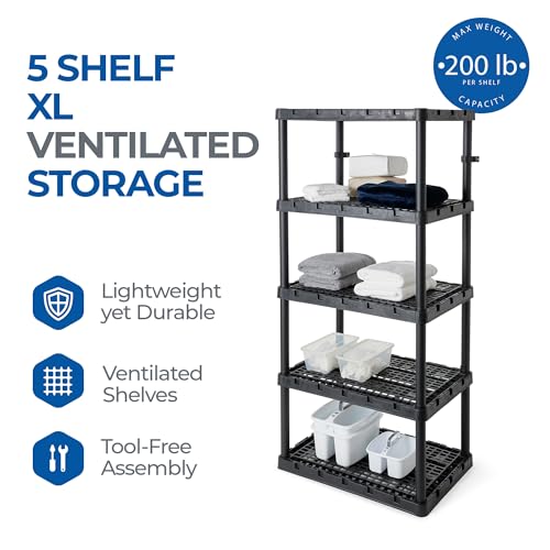Gracious Living 5 Shelf Knect-A-Shelf Ventilated Extra Heavy Duty Storage Unit Organizer System for Home, Garage, Basement, and Laundry, Black Gracious Living