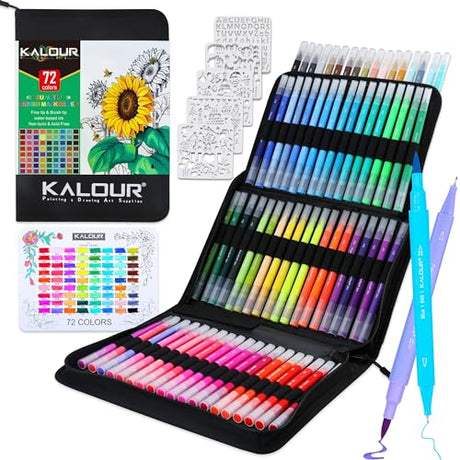 KALOUR 79 Art Markers Pens Set,Dual Tip (Brush and Fine Point),Color Number and Color Name,Art Marker for Coloring Lettering Calligraphy Drawing KALOUR