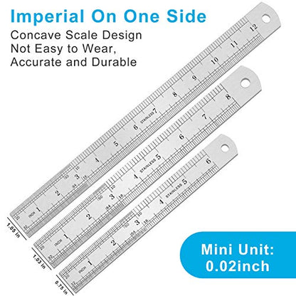 3PCS Stainless Steel Ruler, Metal Ruler Set (6 8 12 inch), Steel Ruler with Inch and Metric, Machinist Ruler, Metric Ruler, Imperial Ruler, for - WoodArtSupply