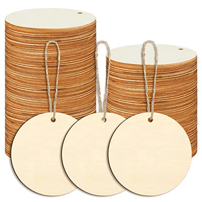 Jetec 120 Pieces Unfinished Round Wooden Circles with Holes 3 Inch Wood Discs for Crafts Blank Wooden Ornaments Wood Slices Tags for DIY Crafts Sign