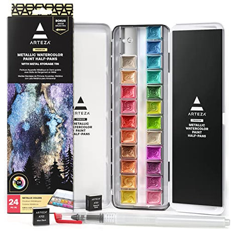 Arteza Metallic Watercolor Paints, Set of 24 Half Pans, Pearl Paint, Vibrant and Pearlescent Hues, Includes Storage Tin & Water Brush, Art Supplies ARTEZA