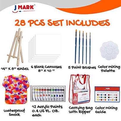 J MARK Ultimate Kids Paint Set – Complete Acrylic Paint Set for Kids, Includes Washable Paints, Storage Bag, Wood Easel, Canvas and More - WoodArtSupply