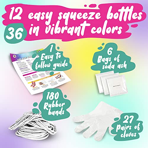 Tie Dye Party Kit for Kids & Adults - 36 Large Tye Dye Bottles with 12 Colors & Tie Dye Powder, Soda Ash, Gloves - Tie Dye Kit for Large Groups - DOODLE HOG