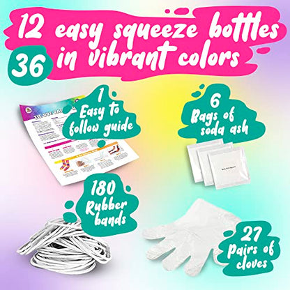 Tie Dye Party Kit for Kids & Adults - 36 Large Tye Dye Bottles with 12 Colors & Tie Dye Powder, Soda Ash, Gloves - Tie Dye Kit for Large Groups - - WoodArtSupply