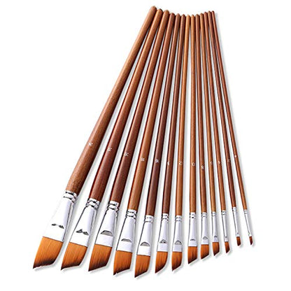 Paint Brushes Nylon Hair Angular Brushes 13pcs Long Handle Acrylic Paint Brush Set for Canvas Painting Oil Paint Professional Painting Kits (Angular - WoodArtSupply