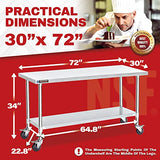 Food Prep Stainless Steel Table - DuraSteel 30 x 72 Inch Metal Table Cart - Commercial Workbench with Caster Wheel - NSF Certified - For Restaurant, DuraSteel