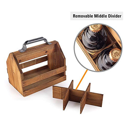 BARGIFTS Wooden 6-Bottle Caddy with Bottle Opener, build in a Removable Middle Divider Metal Bottle Opener… (Brown) - WoodArtSupply