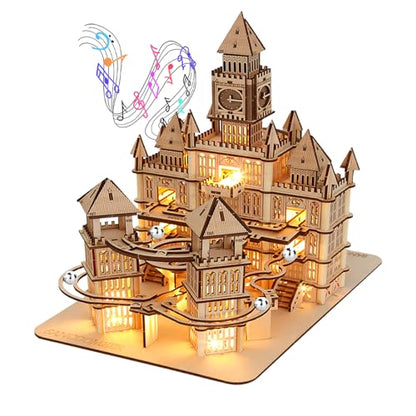 3D Wooden Puzzles Adults Teens, Castle Wooden Puzzle Building Kit LED Lights Music Box Rolling Beads Brain Teaser Puzzles, Retro Castle Puzzles - WoodArtSupply