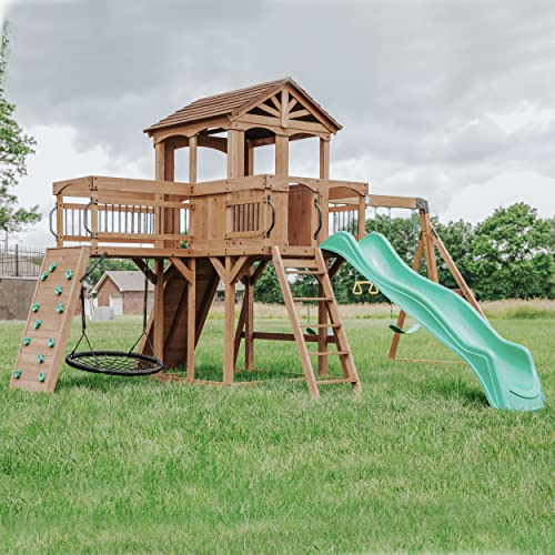 Backyard Discovery Sterling Point All Cedar Wooden Swing Set, Raised Clubhouse,Web Swing, Climbing Wall, 10ft Wave Slide, 2 Belt Swings, Front Porch, Backyard Discovery