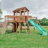 Backyard Discovery Sterling Point All Cedar Wooden Swing Set, Raised Clubhouse,Web Swing, Climbing Wall, 10ft Wave Slide, 2 Belt Swings, Front Porch, Backyard Discovery