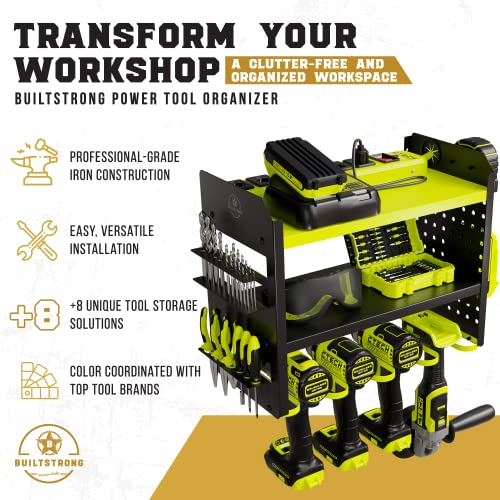 BUILTSTRONG Power Tool Organizer Wall Mount - 3-Tier Heavy-Duty Metal Hand Tool Storage Rack, Utility Racks, Drill Holder, PegBoard Side, & More - BUILTSTRONG