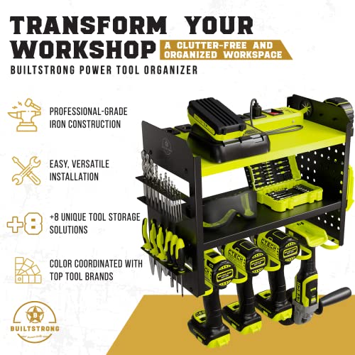 BUILTSTRONG Power Tool Organizer Wall Mount - 3-Tier Heavy-Duty Metal Hand Tool Storage Rack, Utility Racks, Drill Holder, PegBoard Side, & More -