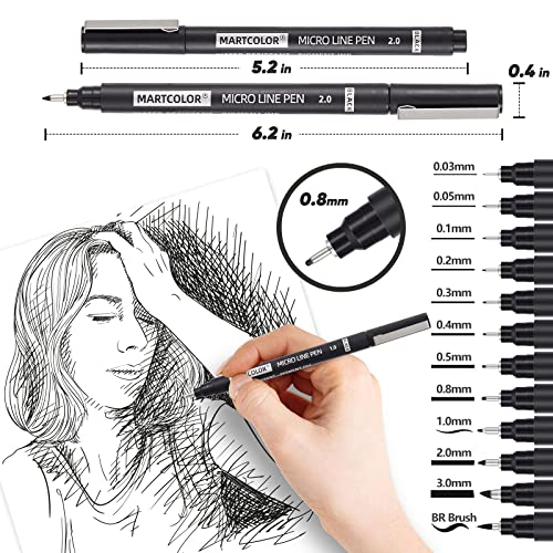 MARTCOLOR 12 Size Micro-Pen Fineliner ink Pens, Black Waterproof Archival Inking Markers, Multiliner Pen, Illustration Pen, Art Pen for Sketch,