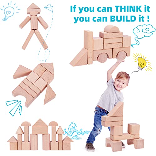 Timfuis Toddler Wooden Building Block Toys, 100 PCS Kids Natural Wood Stacking Blocks Set Standard Unit, Preschool Kindergarten Montessori Toy, Timfuis