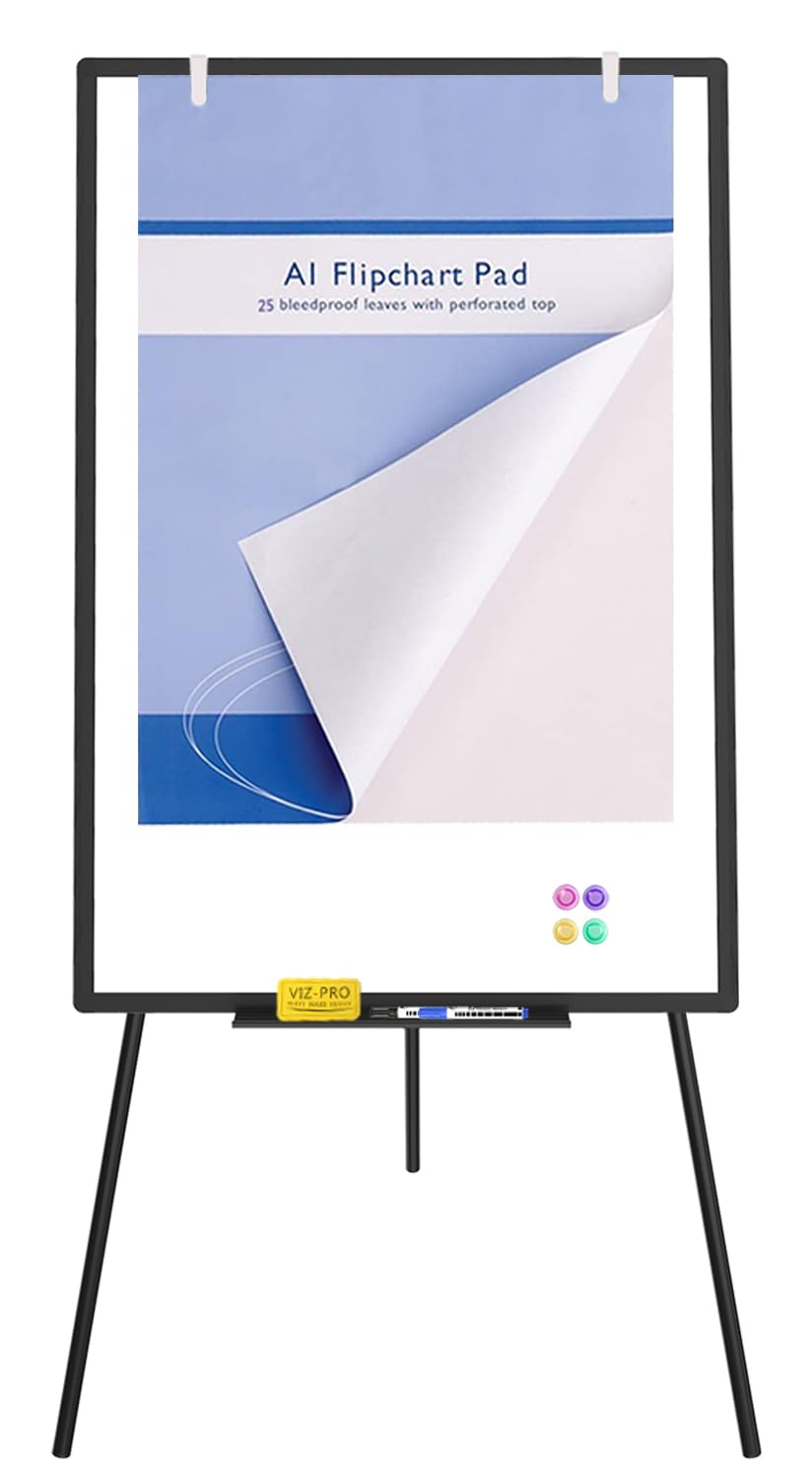 VIZ-PRO Magnetic Whiteboard Easel Black, 36 x 24 Inches, Portable Dry Erase Board Height Adjustable for School Office and Home VIZ-PRO
