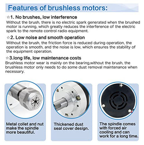 RATTMMOTOR CNC Brushless Spindle Motor Kit, 48VDC 500W Spindle Motor Air Cooled ER11, 12000RPM, 0.6N.m, 55MM+BLDC Driver Motor Speed Controller 600W RATTMMOTOR