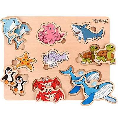Pikatoyz Wood Puzzles for Toddlers 1-3. Wooden Toys for 1 2 3 Year Old of sea Animal Puzzles for Kids. Ideal Montessori Puzzle Gift. Baby Puzzles for