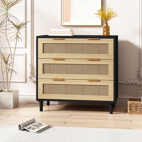 Fulvari 3 Drawer Rattan Dresser for Bedroom,Wood Storage Chest of Drawers,Rattan Storage Cabinet, Wide Closet Dresser Storage Organizer for Bedroom Fulvari