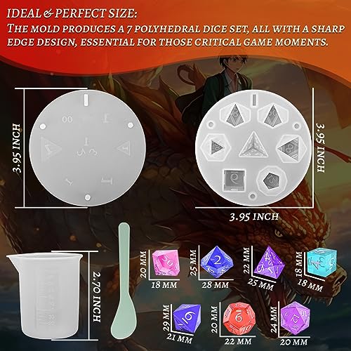DND Dice Mold for 7 Polyhedral Sharp Edge Dice Set - Reusable Silicone Dice Making Mould with Resin Casting Tools - Custom Your Dice Molds for BiiSaa
