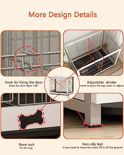 Piskyet Wooden Dog Crate Furniture with Divider Panel, Dog Crate End Table with Fixable Slide Tray, Double Doors Dog Kennel Indoor for Large Piskyet