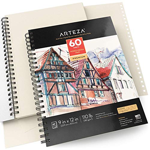ARTEZA Mixed Media Sketchbooks, Pack of 2, 9 x 12 Inches, 60-Sheet Drawing Pads, 110lb/180gsm Acid-Free Paper, Micro-Perforated, Spiral-Bound, Art ARTEZA
