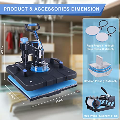 HORGELU Upgraded 5 in 1 Heat Press Machine 15x15 Inch Heat Transfer Machine 360-Degree Swing Away Multifunction Digital Sublimation Combo Heat Press Horgelu