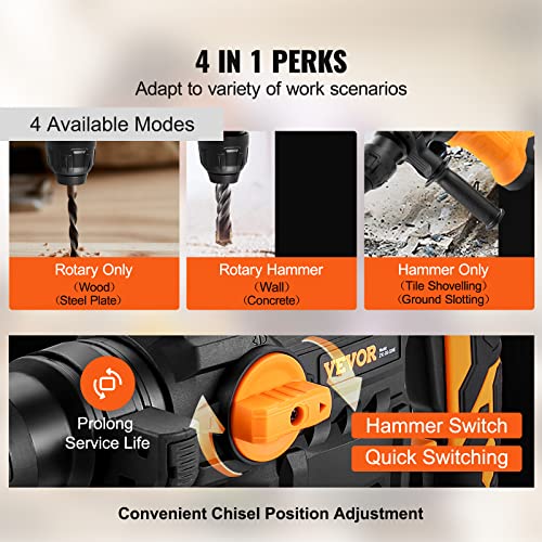 VEVOR 1-1/4 Inch SDS-Plus Rotary Hammer Drill, 13 Amp Corded Drills, Heavy Duty Chipping Hammers w/Vibration Control & Safety Clutch, Electric - WoodArtSupply