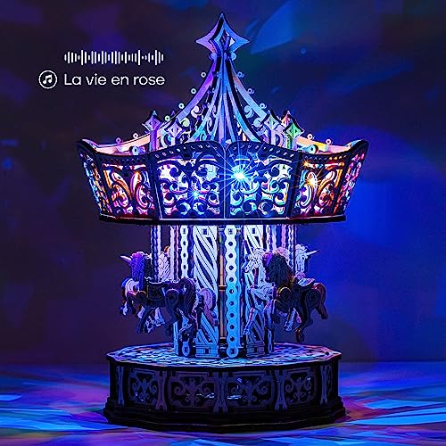 Wood Trick Parisian Carousel Wooden Music Box Kit - DIY 3D Puzzle for All Ages with Backlight - WoodArtSupply